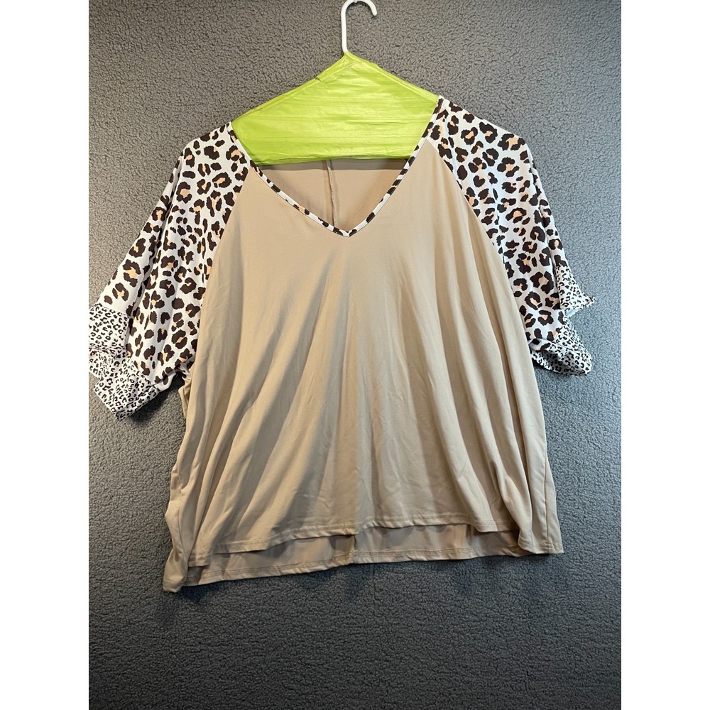 Tan Plus Size Top, with Leopard sleeve and accent at next, Size 3XL
